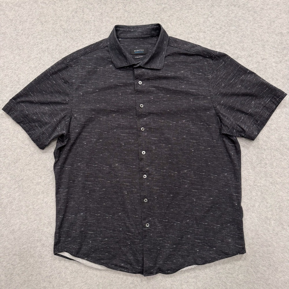 Bugatchi Shirt Mens XL Black OoohCotton Tech 8 Way Stretch Short Sleeve Button